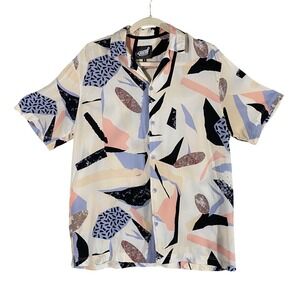 Fresh Prints of Bel-Air Mens Abstract Geometric 90s Rayon Button Down Shirt S